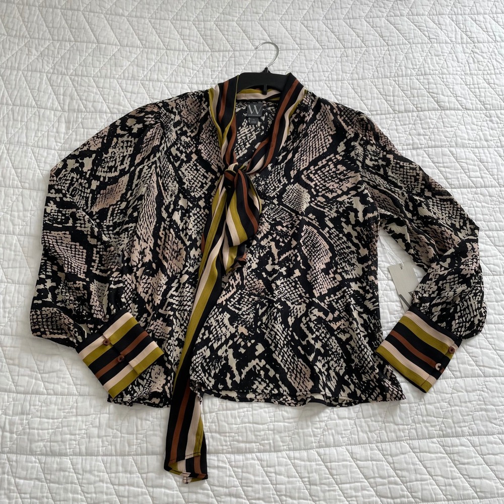 Worthington Snake Print Tie Neck Blouse NWT Neutral Striped Cuff Top Large